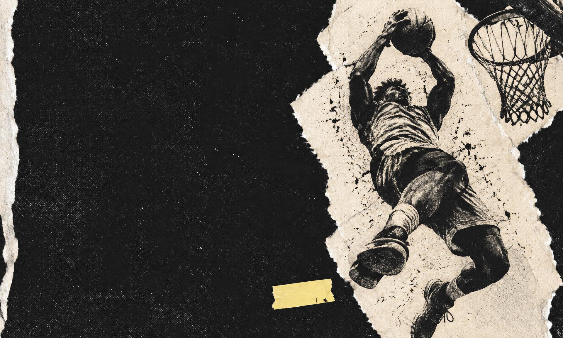 Halftone print of a basketball player driving to the hoop across torn paper